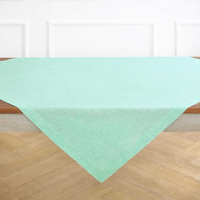Solino Home Linen Cloth Tablecloth 52 x 52 Inch - 100% Pure Linen Chambray Aqua Square Tablecloth - Athena, Machine Washable Table Throw for Summer