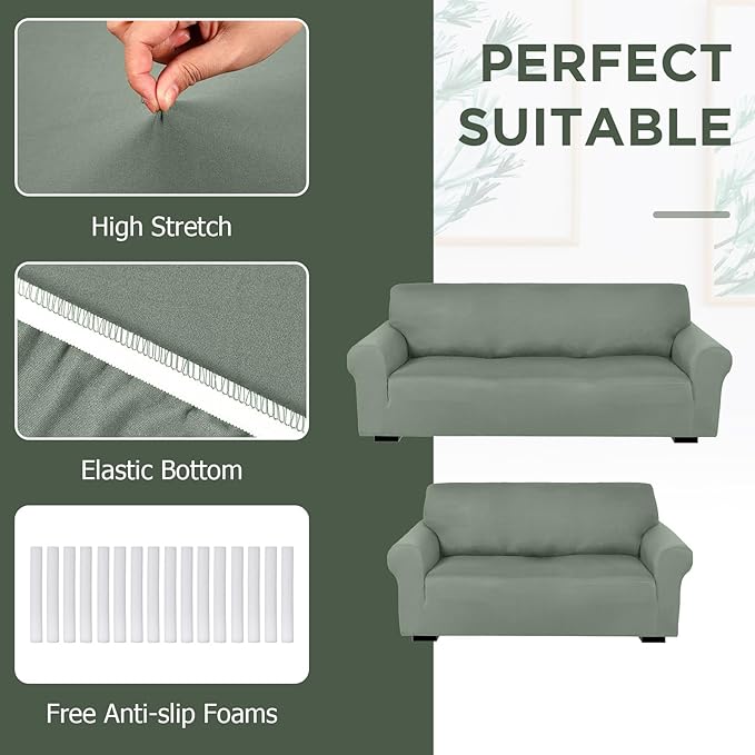 Peryiter 2 Pcs Sofa Covers Couch and Loveseat Covers Set Stretch Sofa Slipcover for Living Room Armchair Furniture Protector, Wrinkle Proof(Grayish Green,Milk Silk)