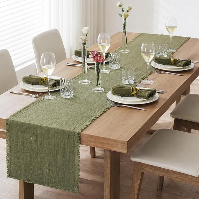 KINGSTONE 14 x 108 Inches Frayed Edge Table Runner, 270G Heavyweight Sand Washed Slub Texture Cotton Linen for Modern Farmhouse, Rustic Home Decorations Dining Room Wedding Boho Decor, Moss Green