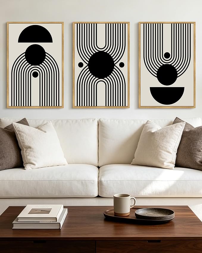 KUVIOKE Black Abstract Framed Wall Art Minimalist Geometry Lines Painting Artwork for Living Room Bedroom 16x24in (Natural Framed)