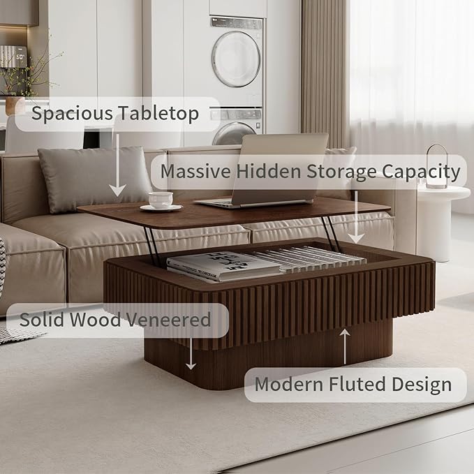 LKTART Lift Top Coffee Table for Living Room, Mid Century Modern Coffee Table with Hidden Storage, Solid Wood Veneered Rectangle Center Tea Table for Small Space Apartment (38.6''L×14''H-Walnut)