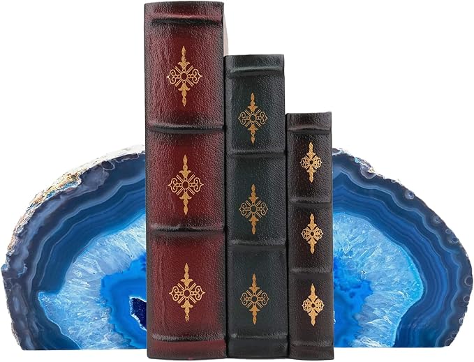 AMOYSTONE Natural Blue Agate Bookends, Heavy-Duty Multi-Purpose Book Ends for Shelves, Decorative Crystal Book Stopper, 4-6 LBS, Perfect for Office Bookcase