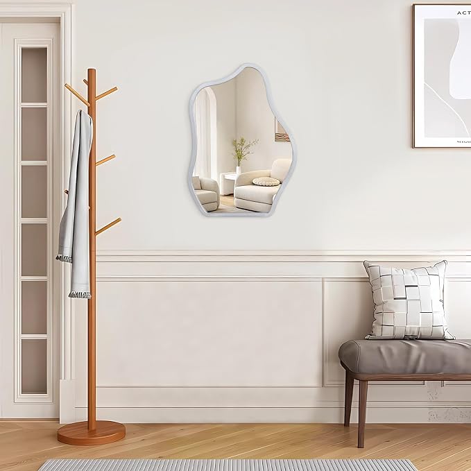 Modern Asymmetrical Mirror Unique Irregular Wooden Framed Mirror for Wall Hanging Mirror Artistic Cloud Shape Wall Mirror Decor Bathroom Bedroom Living Room Entryway Hallway Small