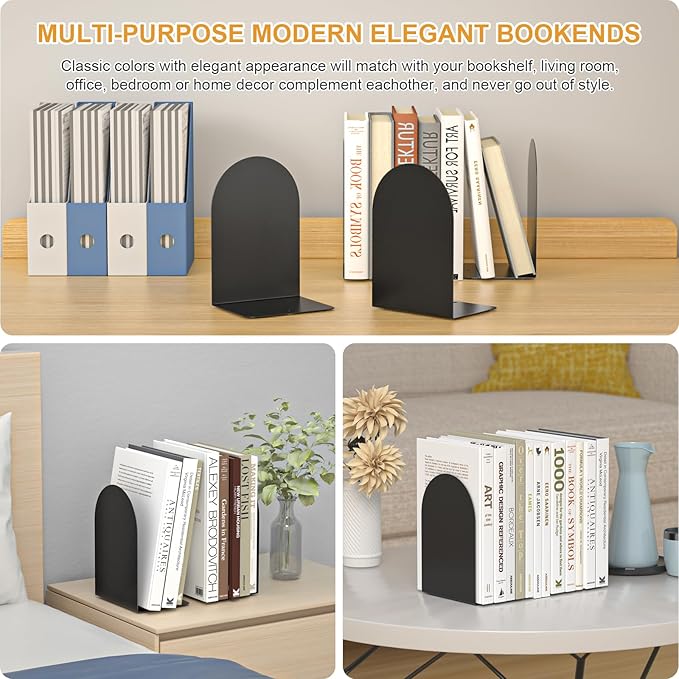 Bookends 1 Pair, Metal Round Bookends for Shelves, Book Ends for Desk, Book End to Hold Books, Book Stopper, Black Bookend for Home Office