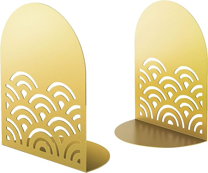 QiMing Ukiyoe Auspicious Clouds Bookends for Books,1 Pair Metal Wavy Pattern Book Holders for Office Shelves Adults & Kids Gift(Gold)