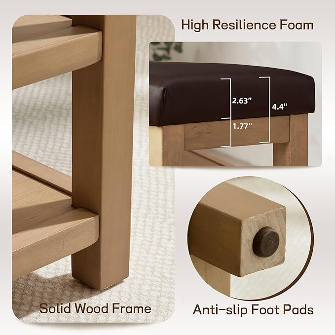 Zihanhome Shoe Rack Bench with Leather Cushion, 2 Tier Solid Wood Storage Bench, Mid-Century Modern Shoe Bench for Entryway, Hallway, Closet, Front Door Entrance, Foyer (Dark Brown, 39.4")