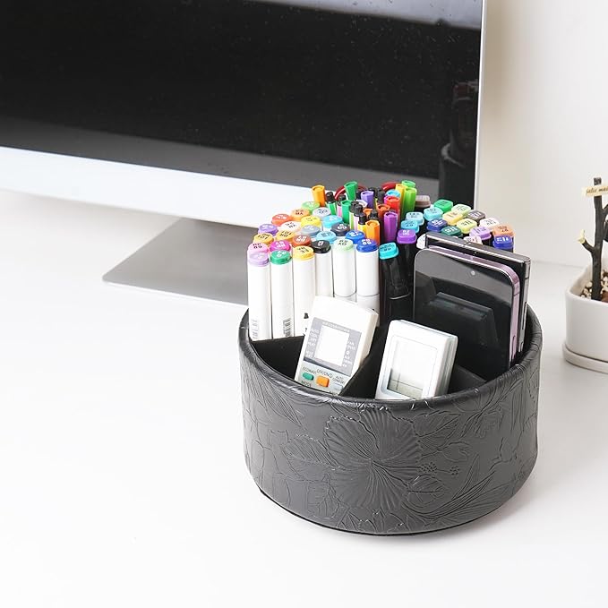 lizimandu Remote Control Holder, 360°Spinning PU Leather Desk TV Remote Caddy,Desk Storage Box Room Accessories for Controller, Media,Mail,Calculator, Mobile Phone,Pencil(1B-Carved Black)