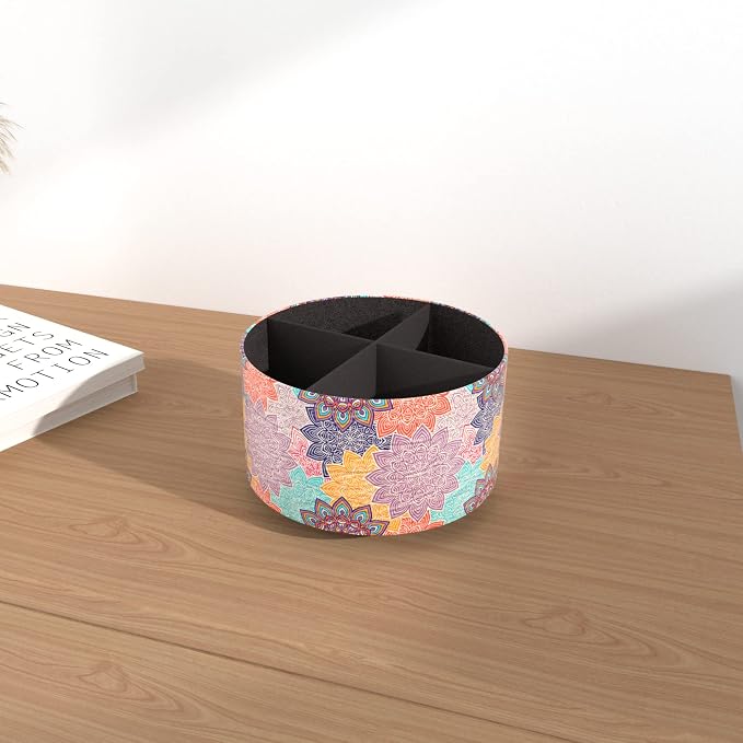 Round Leather Art Supply Organizer,Remote Control Holder,360 Degree Rotating,Multi-Functional Pencil Holder,4 Compartments Desktop Stationary Organizer(1-Colorful Flower)