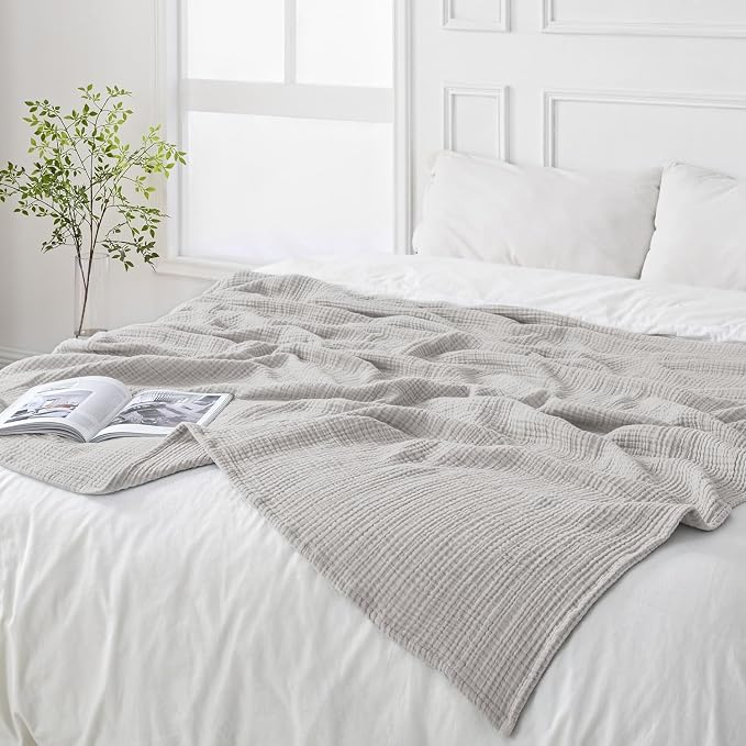 Esterra Muslin Blanket Queen Size Cozy Soft Lightweight Pre-Washed Cotton Blanket, All Season Breathable 4-Layer Gauze Blanket Throw for Couch Bed, Gray Violet, 90x90 Inches