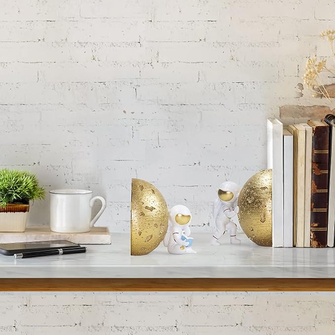 Heavy Duty Astronaut Bookends, Space-Themed Book Ends for Kids Room & Nursery Decor, Gold Moon Book Stoppers to Hold Books, Decorative Bookends for Shelves, Ideal for Boys and Girls