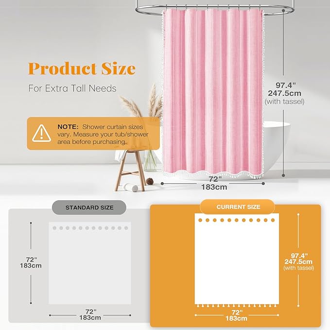 BTTN Boho Farmhouse Shower Curtain - Linen Rustic Heavy Duty Striped Fabric Shower Curtain Set with Tassel, Bohemian Vintage Country Cloth Shower Curtains for Bathroom，Pink，72" W x 96" L (Pack of 1)
