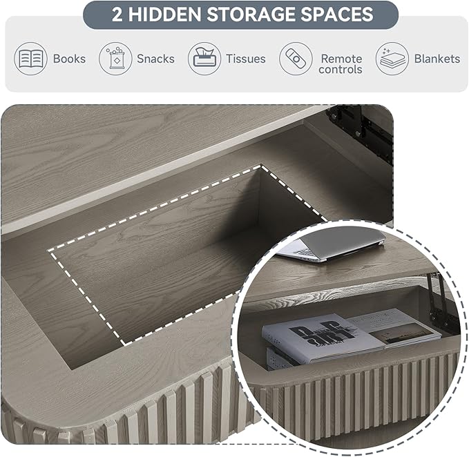 Lift Top Coffee Table for Living Room,Rectangle Handmade Solid Wood Strips, Fluted Coffee Table with Hidden Storage Compartment Small Space Office Apartment (38.6" L×26.8''W×13.8''H-Grey)