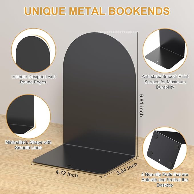 Bookends 1 Pair, Metal Round Bookends for Shelves, Book Ends for Desk, Book End to Hold Books, Book Stopper, Black Bookend for Home Office