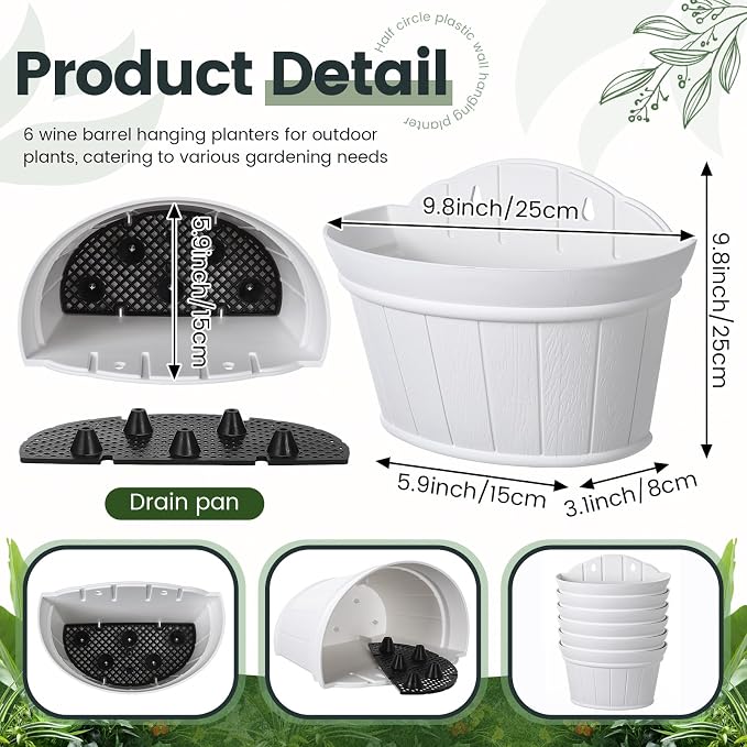 Layhit 6 Pcs Wall Hanging Planters Outdoor Pot Planter Wine Barrel Planter Distressed Oak Thickened Plastic Water Storage Flower Pots for Flower Indoor Outdoor(10 Inches,White)