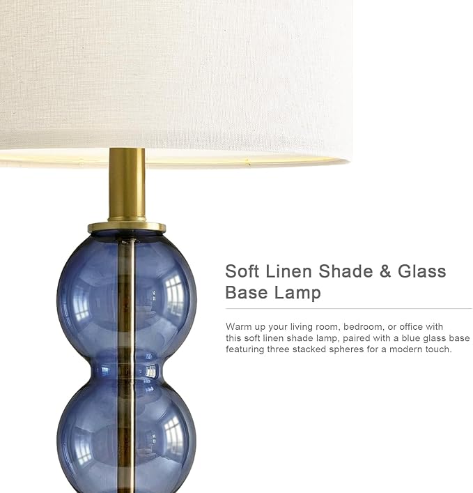 Oneach 25" Blue Table Lamps for Living Room, Glass Modern Table Lamp Set of 2, USB Charging Ports, Linen Shade, Bedside Lamps for Bedroom, Nightstand, Side Table