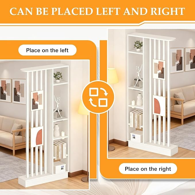Wall Room Divider, Freestanding Wood Room Divider Shelf with Shelves, Divider Screen Separator Screen with Storage, Wall Divider for Room Separation, for Home Office (White, 55.1x9.4x78.7in)