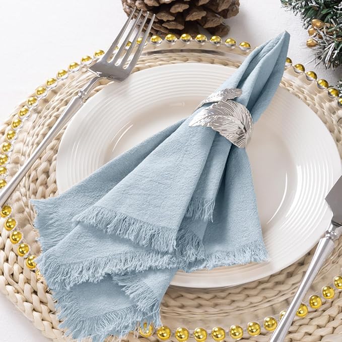 DeZerlor 12 Pack Grey- Blue Cotton Linen Napkins with Fringe Summer Cloth Napkins Set of 12 Boho Handmade Dinner Napkins Bulk for Wedding Bridal Baby Shower Parties, 17 x 17 Inches