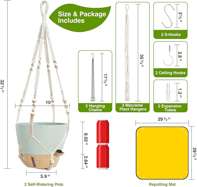 LEWESU Set of 2 Hanging Planters for Indoor Plants with Self Watering Includes Hanging Pots and 2 Types Plant Hangers, Outdoor Hanging Baskets Holder for Home Garden, 10 Inch Sage Green