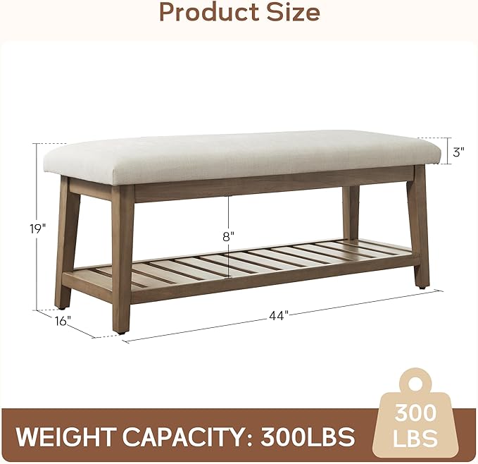 Zihanhome Entryway Bench, Chenille Upholstered Shoe Benches for Bedroom, Ottoman Bench with Solid Wood Shelf, Storage Benches for Hallway, Living Room(Beige)