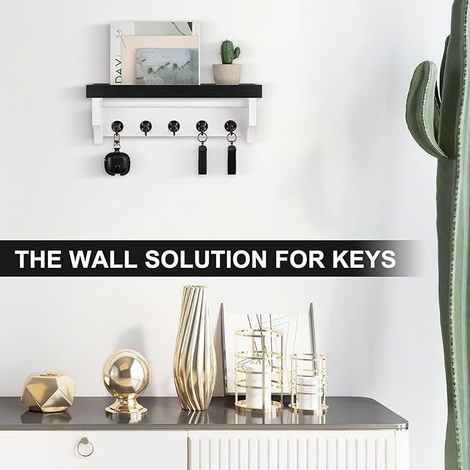 Key and Mail Holder Wall Mount, Key Holder with Shelf and Mail Organizer Wall Mount. Mail Holder with 5 Hooks for Coat, Dog Leash, Home Decor Rack, Entry Way Organizer (Black & White)