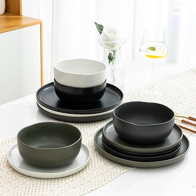 AmorArc Ceramic Dinnerware Sets, Wavy Rim Stoneware Plates and Bowls Sets,Dishwasher & Microwave & Oven Safe Dishes set, Service for 4 (12pc)-Mix Color