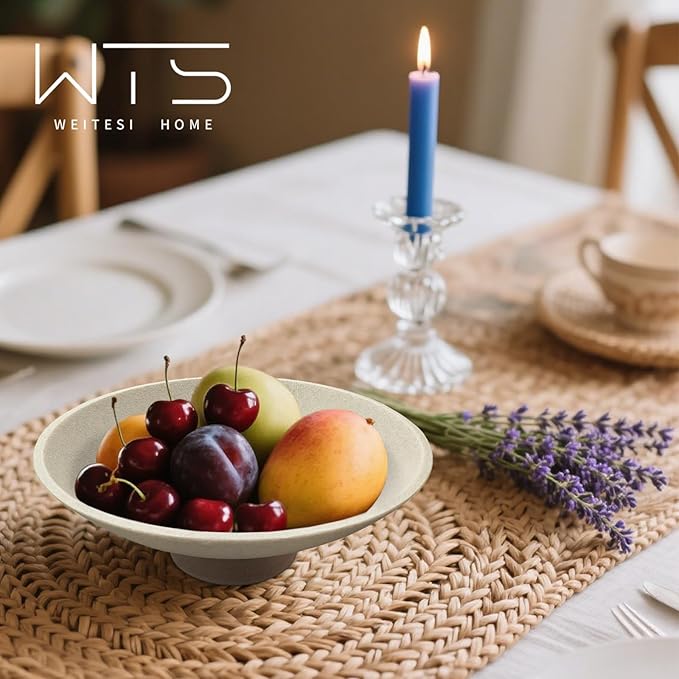 Large Decorative Fruit Bowl for Kitchen Counter, Modern Resin Pedestal Bowl for Home Decor, Stylish Key Bowl for Entryway Table, Decorative Bowl for Coffee Table Decor, Artificial Stone Beige