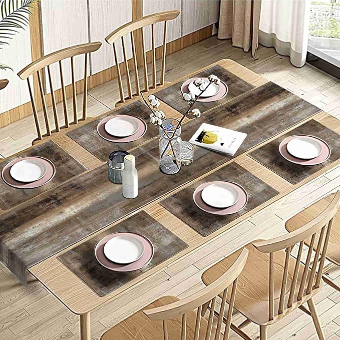Brown and Grey Table Runner and Place Mats Set of 6 Dark Rustic Abstract Farmhouse Art Painting Graffiti Linen Dining Mat Sets Washable Vintage Tabletop for Home Decorations 90 Inches Long