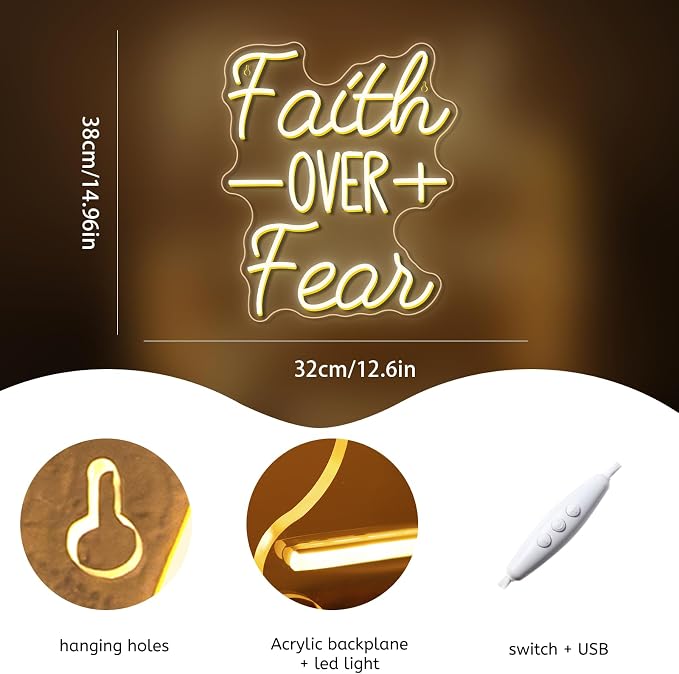 WLHOPE Faith Over Fear Neon Sign Bible Verses Neon Signs for Wall Decor Christian Led Lights Religious Light Up Church Prayer Room Home Bedroom Club Party Christian Gifts