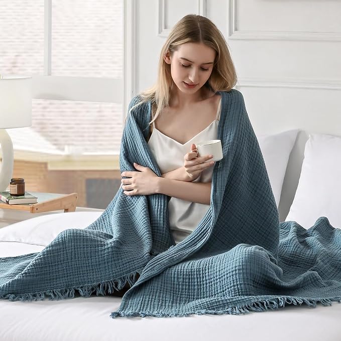 Esterra Muslin Throw Blanket 50x65 Inches Cozy Soft Lightweight Pre-Washed Cotton Blanket, All Season Breathable 4-Layer Gauze Blanket Throw for Sofa Couch Bed, Blue Mirage
