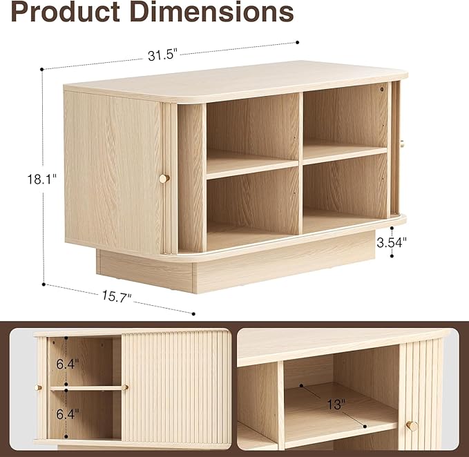 AKMAKM 31" Shoe Storage Bench Dark Oak Entryway Storage Bench with Sliding Doors, Padded Cushion and 5 Metal Wall Hooks for Hallway, Living Room