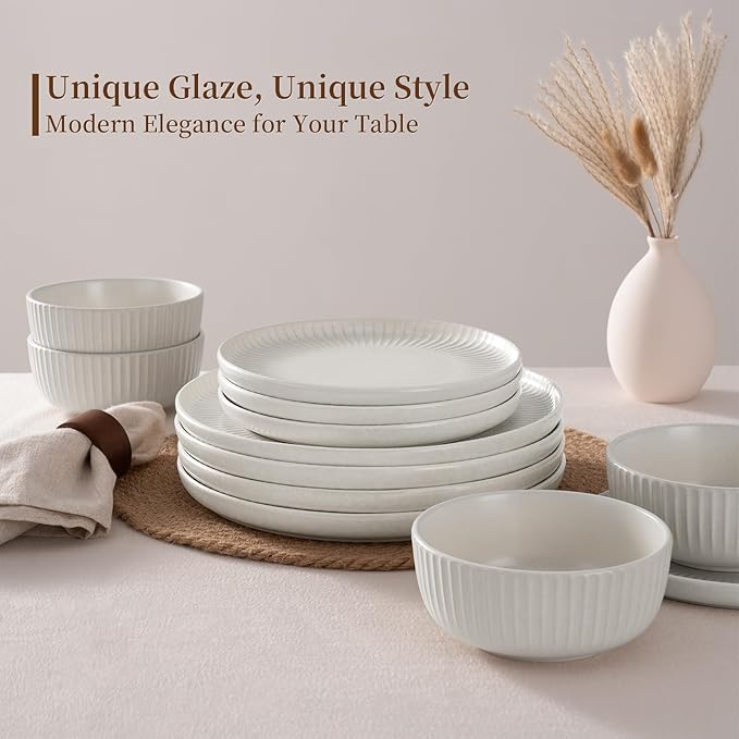 Famiware Starlight 24-Piece Plates and Bowls Sets for 8, Stoneware Dinnerware with Ribbed Textured, Handcrafted Reactive Glaze Dishes - Dishwasher & Microwave Safe, Chip/Scratch Resistant, Matte White
