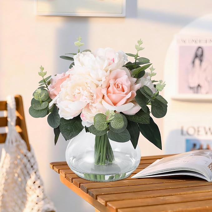 Lifelike Artificial Flower Arrangements with 4 Roses + 4 Peonies in Glass Vase with Faux Water for Wedding & Home Table Centerpieces