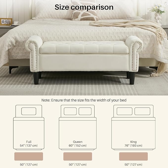 SOFTHION Storage Bench, 50" Queen End of Bed Bench, Velvet Tufted Button Upholstered Bedroom Bench, Storage Ottoman with Rolled Arms, Window Bench with Storage, for Living Room, Entryway Beige