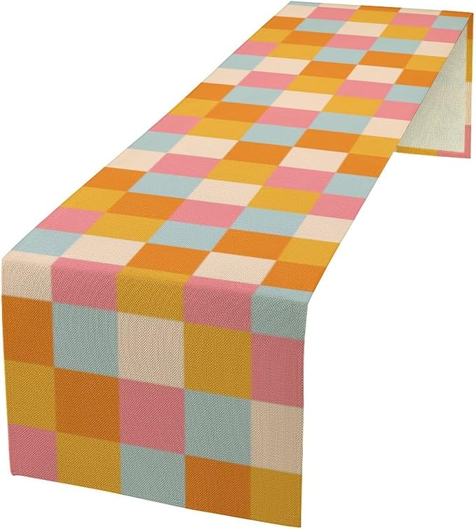 70s Hippie Table Runner Vintage Geometric Square Square Grid Yellow Orange Pink Blue 1960s 1970s Retro Country Farmhouse Dinner Runner for Living Room Kitchen Party Holiday Dinner Home Decor 13x120in