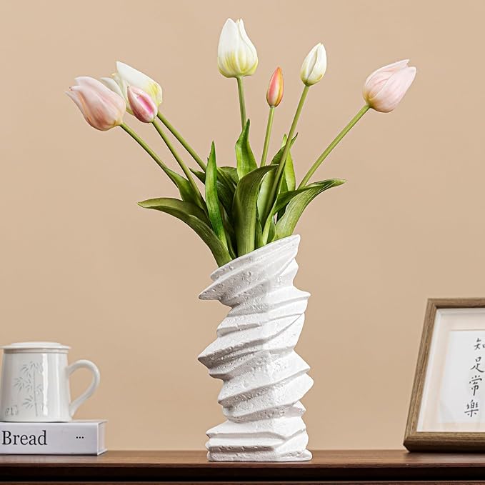 Stone-Stack White Ceramic Vase - 10" Unique Flower Vase for Pampas Grass, Farmhouse Decorative Vase for Living Room/Office, Boho Vase Ideal for Home Gifts & Centerpieces