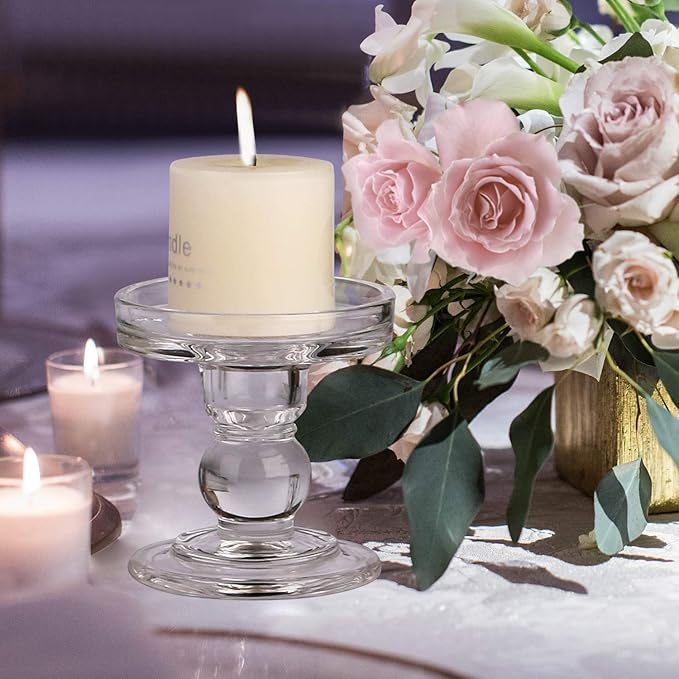 Yeeco Glass Candle Holder, 3.5" Tall Pillar Candle Holder, Crystal Candle Holders Set of 2, Candle Stand for Wedding, Dining, Birthday