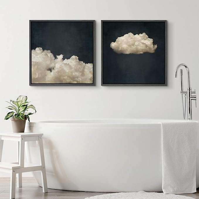 SIGNFORD Framed Canvas Print Wall Art Set Vintage Cloud Soft Neutral Sky Illustrations Modern Art Minimal Relax/Calm for Living Room, Bedroom, Office - 24"x24"x2 Black