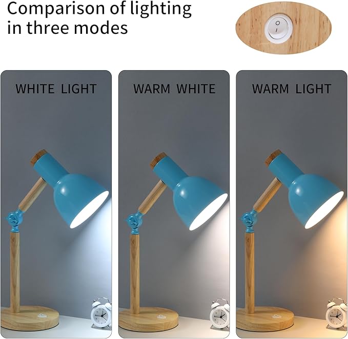 Desk Lamp,Wooden Adjustable Tri-Color Table & Bedside Lamp for Office, Living Room, Bedroom & Kids Room (Blue)