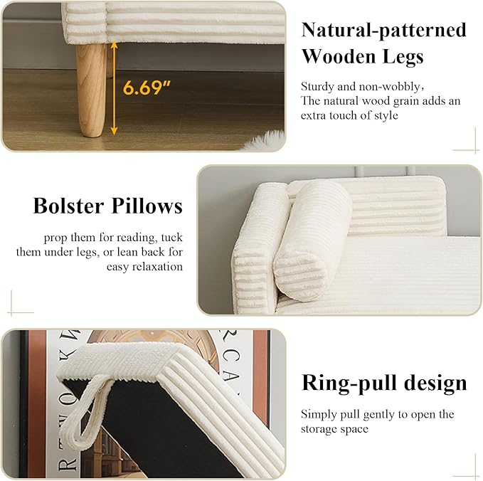 65.35" Storage Bench, Corduroy Upholstered End of Bed Bench with Bolster Pillows, Modern Storage Bench with Natural-Patterned Wooden Legs, Comfy Entryway Bench for Entryway (Beige)