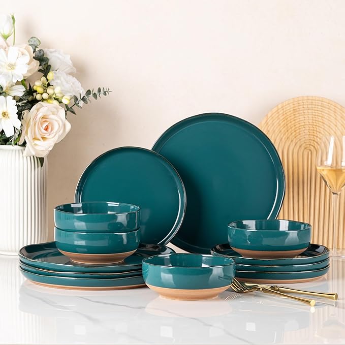 AmorArc Ceramic Dinnerware Sets for 4, 12 Pieces Handpainted Plates and Bowls Set with Rustic Terracotta Underside, Scratch Resistant Stoneware Dishes Set, Dishwasher & Microwave Safe