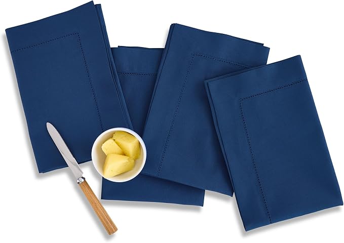 Solino Home Cotton Linen Napkins Set of 4 - Hemstitch Lapis Blue Dinner Napkins Cloth 20 x 20 Inch - Handcrafted and Machine Washable