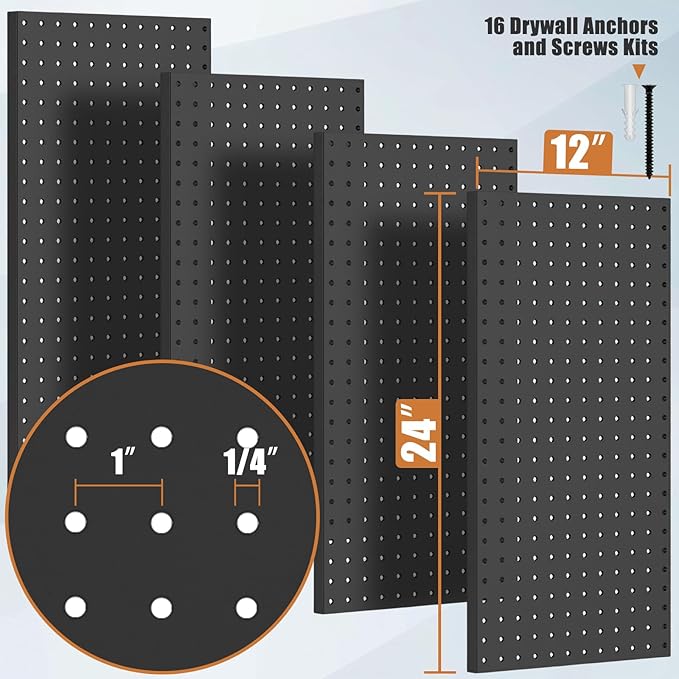 PBHEPJ 4 Pcs Metal Pegboard Panels, Heavy Duty Peg Boards for Garage and Garden Tool Storage, Includes Drywall Anchors and Screws Kits, Black
