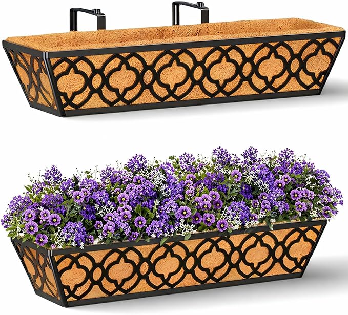 24 Inch Railing Planter Box with Coco Liner, Adjustable Metal Hanging Planter, Window Box for Balcony Deck Fence, Outdoor Flower Box Black, 2 Pack