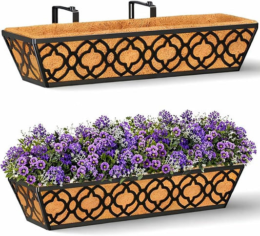 24 Inch Railing Planter Box with Coco Liner, Adjustable Metal Hanging Planter, Window Box for Balcony Deck Fence, Outdoor Flower Box Black, 2 Pack