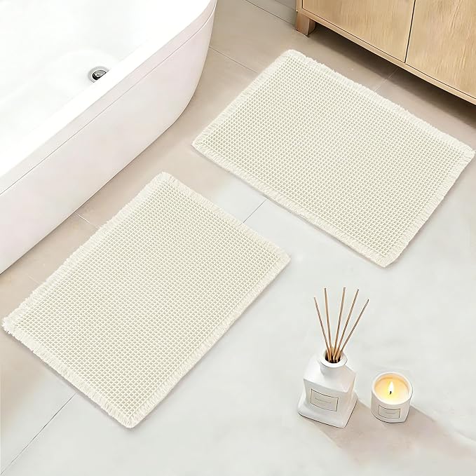 DWCN Waffle Bathroom Mat Set, Super Absorbent Non Slip Bath Rug Set for Bathroom Floor, Shower Mats 2 Piece for Tub, Washable Kitchen Rugs for Farmhouse Boho Decor, 20 x 32 Inch, Ivory