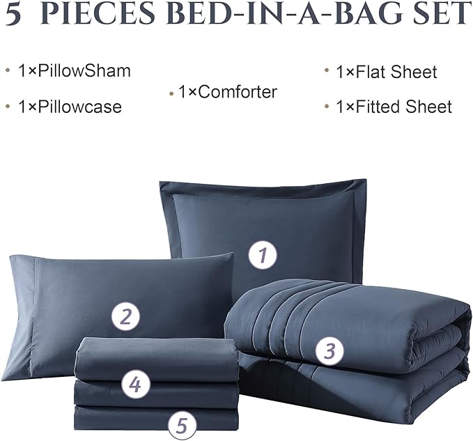 Monbix Twin XL Size Comforter Set - Extra Long 5 Pieces Dorm Bedding Sets, Quilting Design Fluffy Bed in a Bag Twin XL with Sheets, Pillowcase & Sham(Blue Grey)