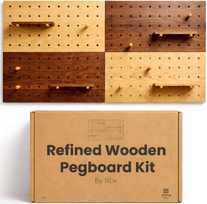 Wooden Pegboard Wall Organizer Kit – Modern Density Wood Peg Board with Shelves & Hooks – 2 Tone Natural & Brown Wood-Look Wall Organizer for Office Setup or Home Decor Storage Rack