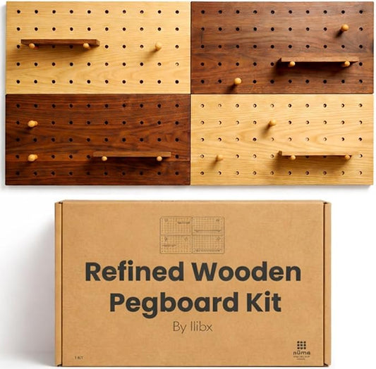 Wooden Pegboard Wall Organizer Kit – Modern Density Wood Peg Board with Shelves & Hooks – 2 Tone Natural & Brown Wood-Look Wall Organizer for Office Setup or Home Decor Storage Rack