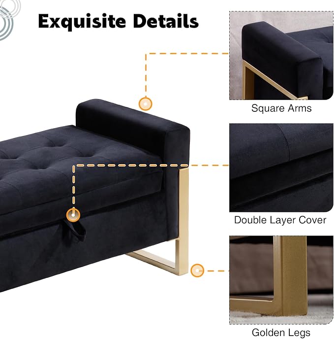 67" End of Bed Storage Bench for Bedroom King Size, Double Lids Storage Ottoman Bench with Golden Legs, Velvet Bed Bench for Living Room Window Entryway, Black