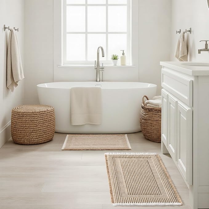 MIULEE Set of 2 Waffle Bathroom Rugs, Boho Bath Rug Super Absorbent, Non Slip Washable Ultra Soft Rubber Backed Shower Bath Mats for Floor, Tub, Shower, Looped Design, Brown & White, 24x36 Inch